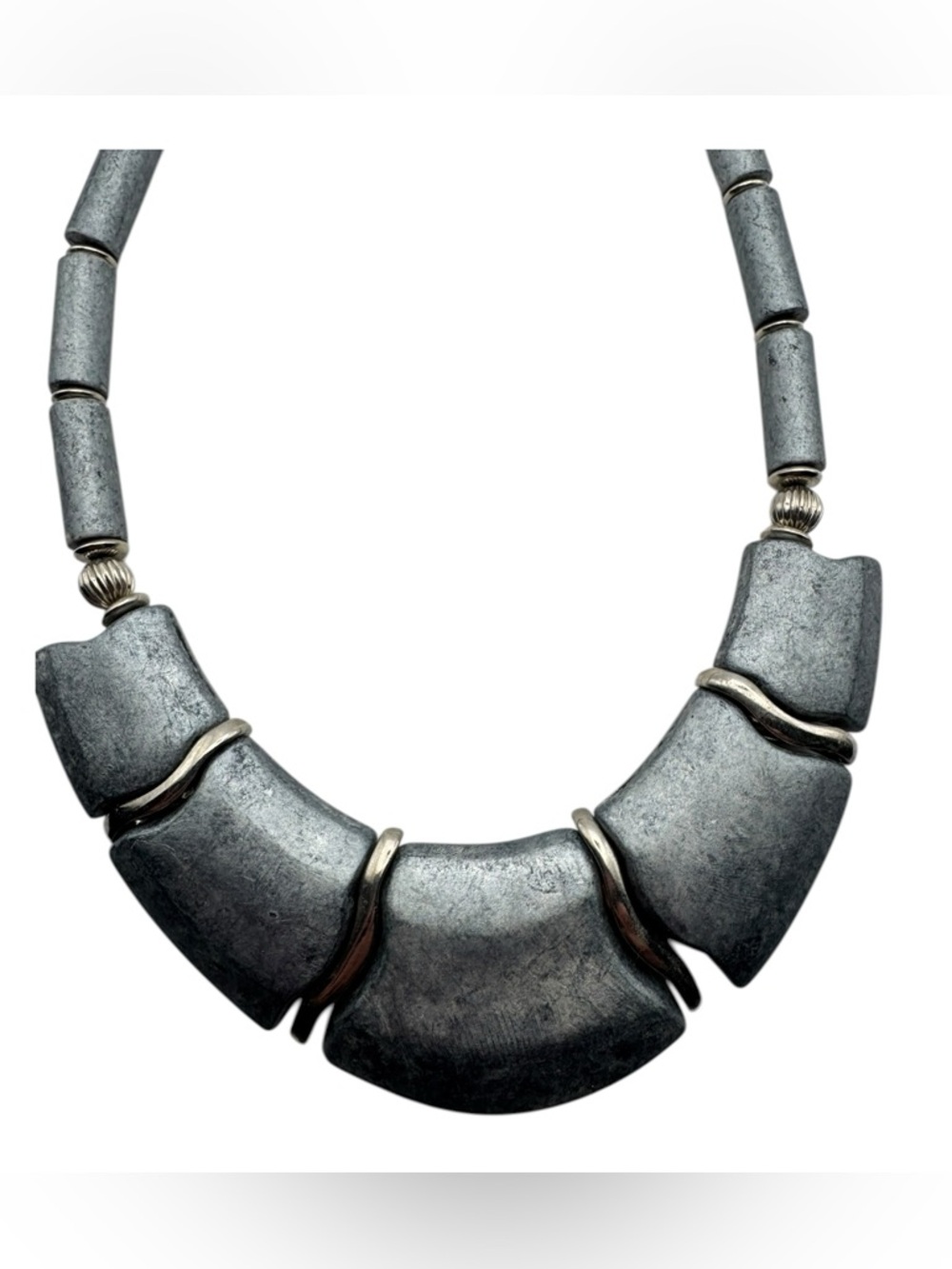 Vintage Japan Hematite Like Stone Bib Collar Necklace Silver Tone‎ Statement